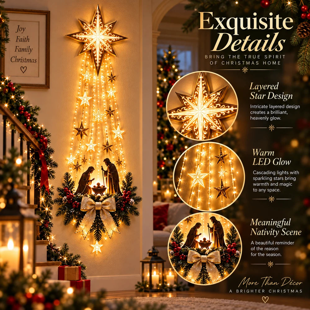 Verlichte Kerstster met Kerststal - Wanddecoratie