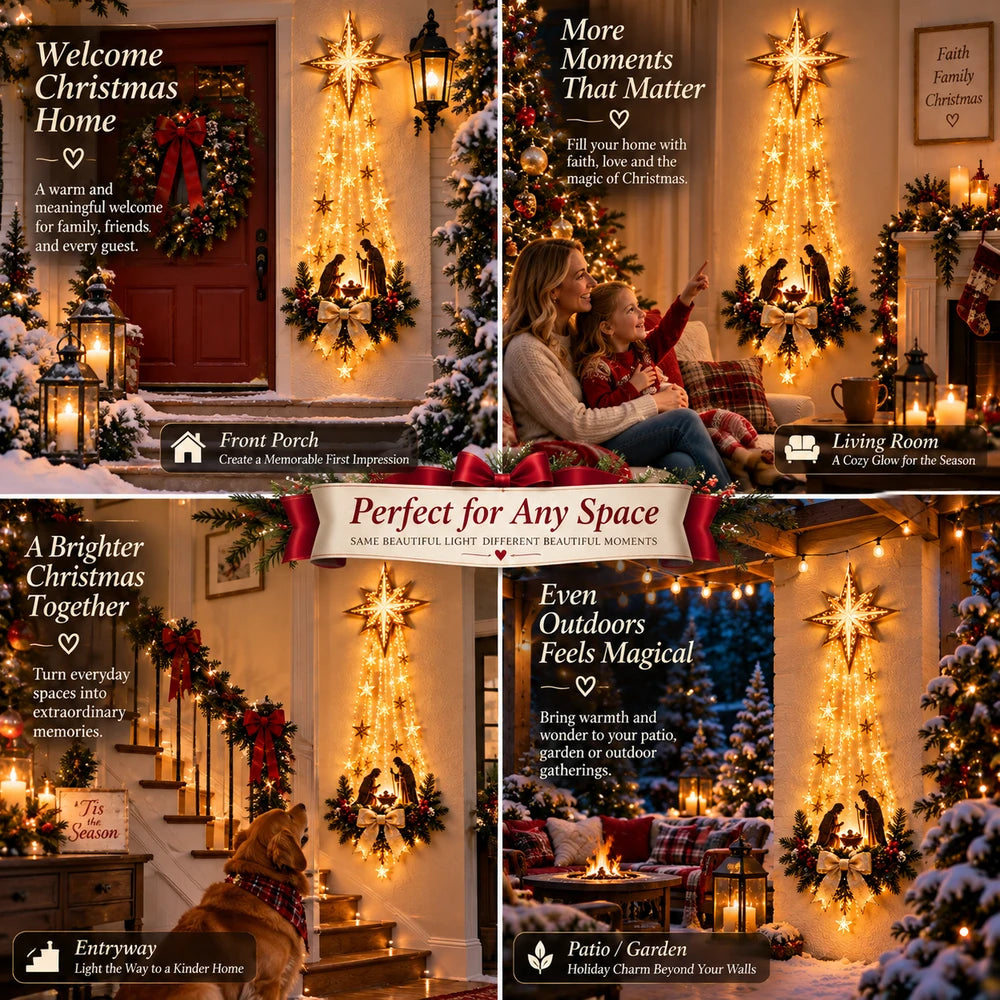 Verlichte Kerstster met Kerststal - Wanddecoratie