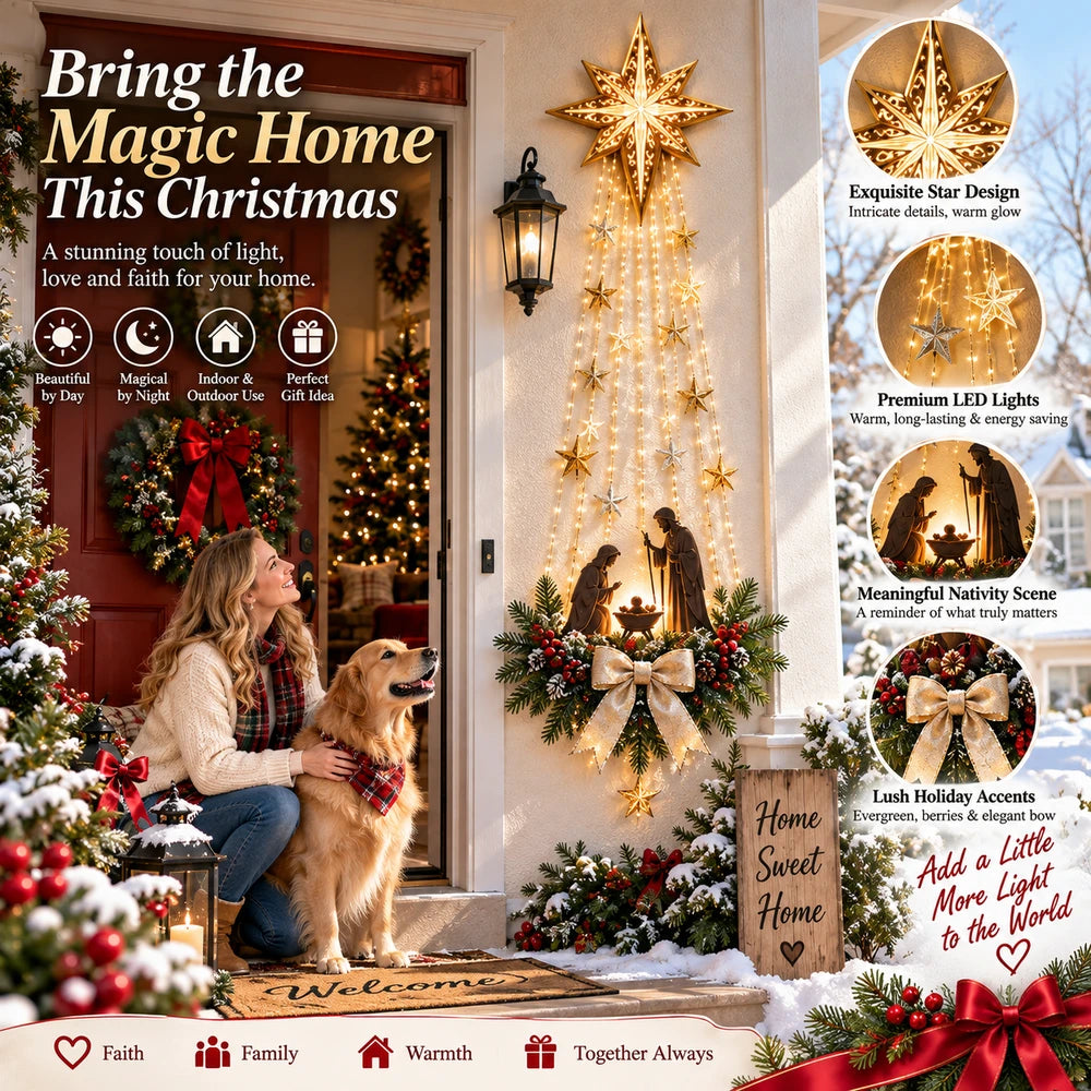 Verlichte Kerstster met Kerststal - Wanddecoratie